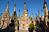 Rows of stupas in the Kakku (Kekku) Pagoda complex. The complex was kept hidden from the rest of the world until 2002 when it was opened to foreigners. Shan State, Burma (Myanmar). 